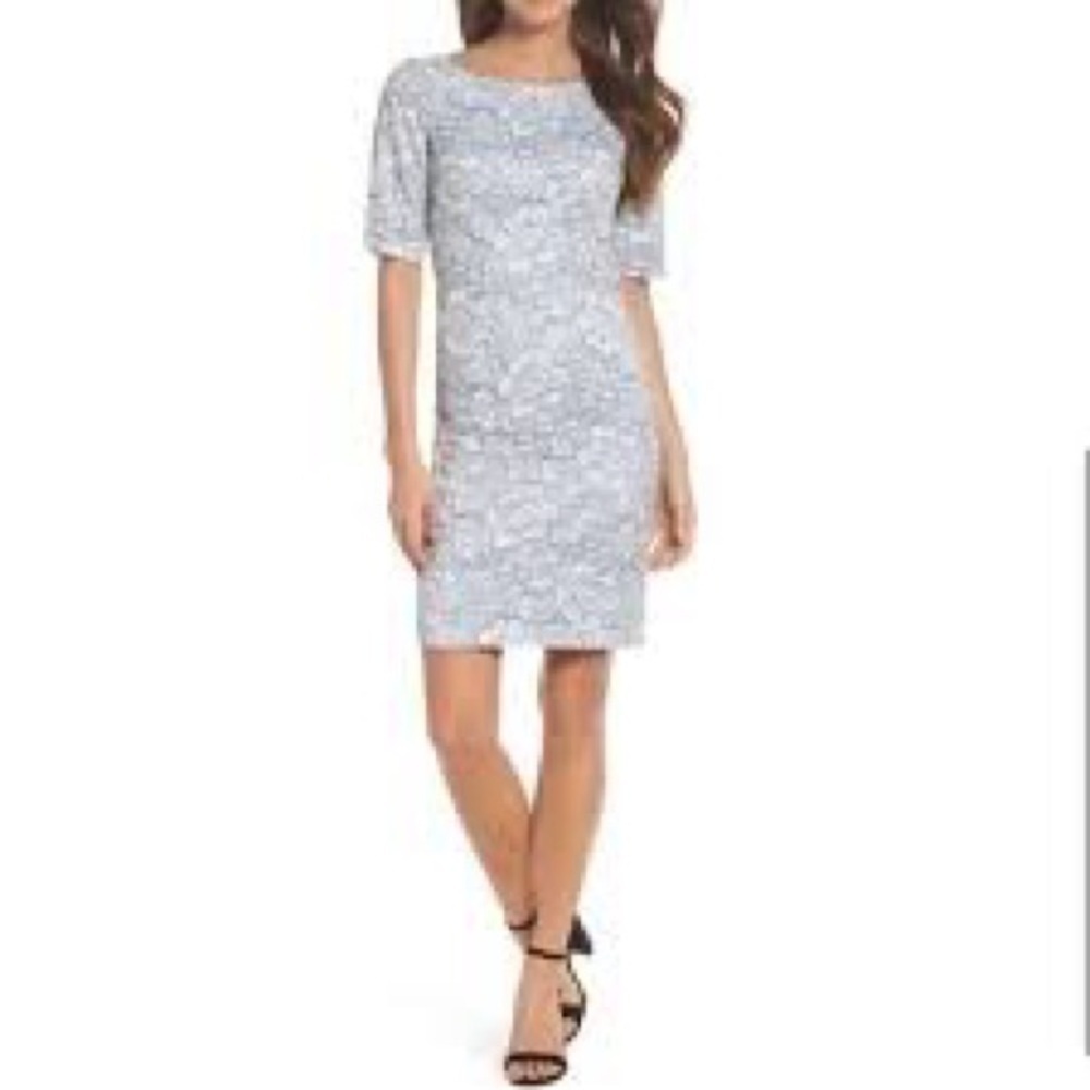 Eliza J blue floral lace overlay back zip sheath dress, size 8.